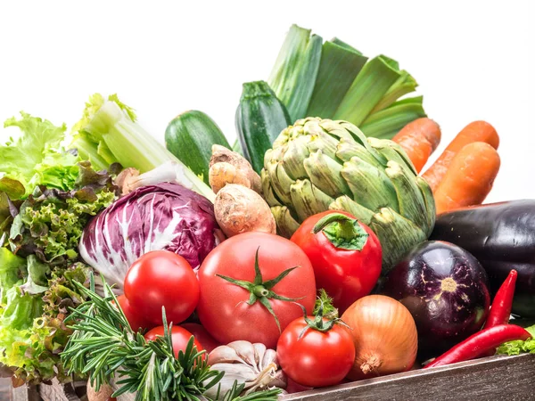 Légumes Frais Multicolores Dans Une Caisse Bois — Photo