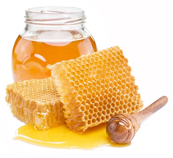 Jar Full Fresh Honey Honeycombs Isolated White Background Royalty Free Stock Photos