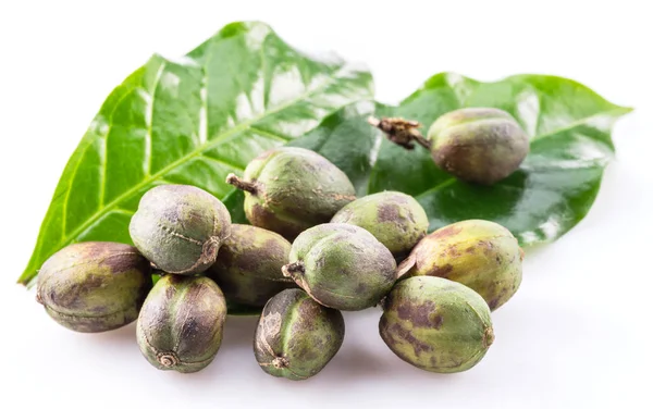 Green Coffee Beans Fresh Coffee Leaves White Background Macro — Stock Photo, Image