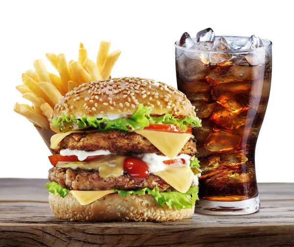 Hamburgers French Fries Cola Table File Contains Clipping Path — Stock Photo, Image