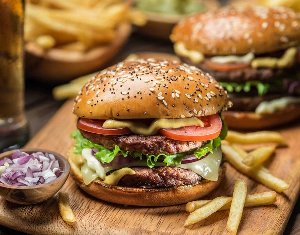 Hamburguesas Papas Fritas Bandeja Madera — Foto de Stock