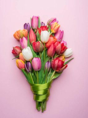 Beyaz arka planda renkli lale demeti. Bahar arkaplanı.