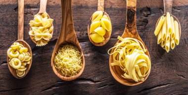 Masadaki tahta kaşıklarda farklı makarna tipleri. Üst görünüm.