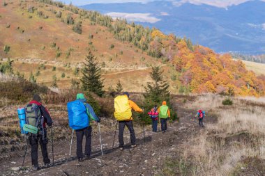 Turist grup içinde dağ doğa yürüyüşü.
