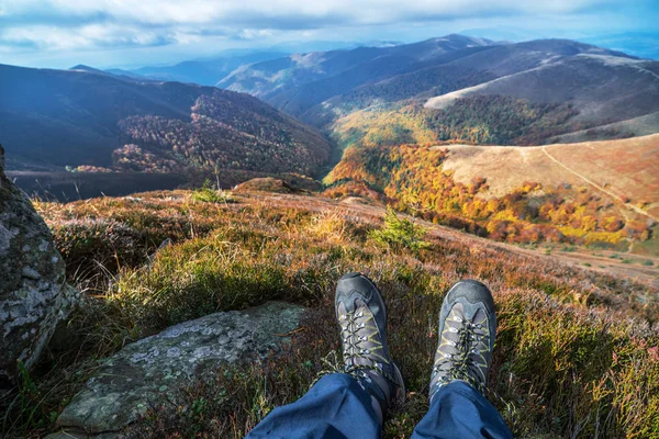 Hiker Boots Mountain Peaks Background — Stock Photo, Image