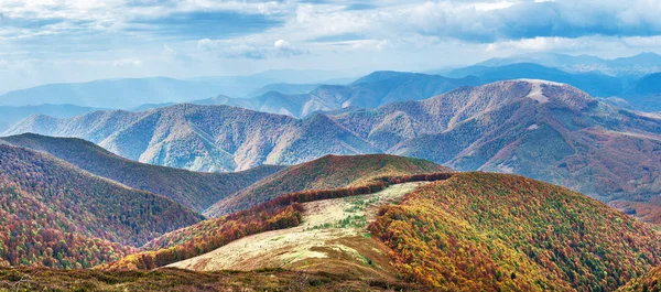 Panorama Colorful Autumn Forest Mountain Heavy Clouds Sky — Stock Photo, Image