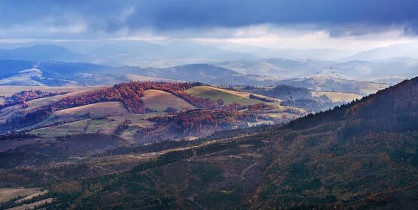 Panorama Kolorowych Drzew Jesiennych Górach — Zdjęcie stockowe