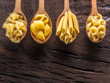 Masadaki tahta kaşıklarda farklı makarna tipleri. Üst görünüm.