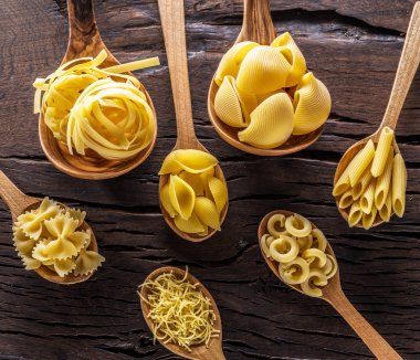 Masadaki tahta kaşıklarda farklı makarna tipleri. Üst görünüm.