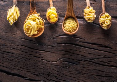 Masadaki tahta kaşıklarda farklı makarna tipleri. Üst görünüm.