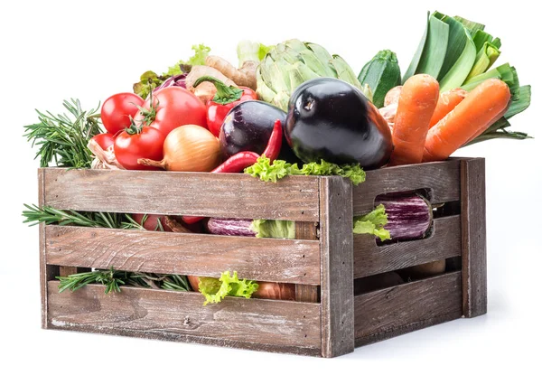 Légumes Frais Multicolores Dans Une Caisse Bois — Photo