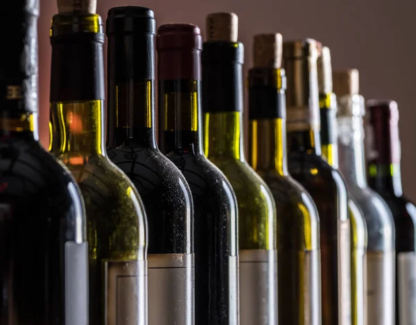 Línea Botellas Vino Primer Plano — Foto de Stock