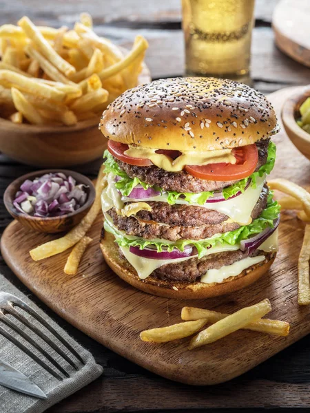 Big Hamburger French Fries Wooden Tray — Stock Photo, Image