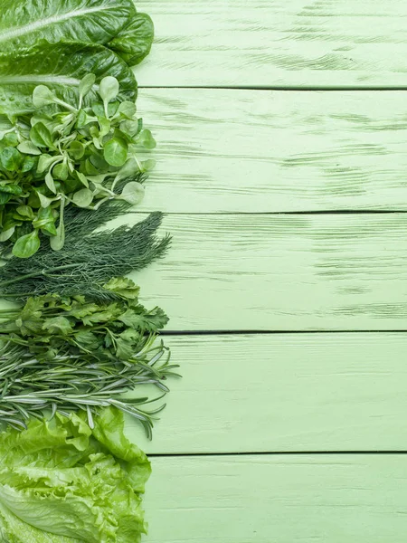 Green herbs on the green wooden background.