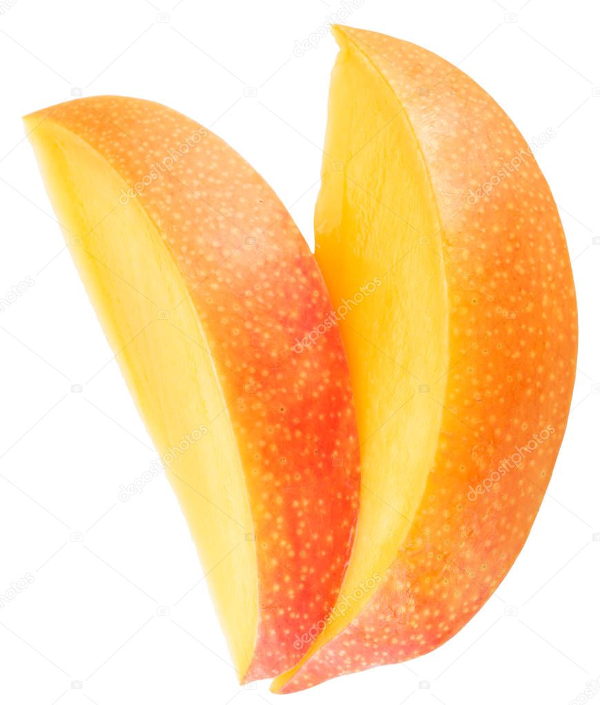 Slices of mango fruit over white. File contains clipping paths.