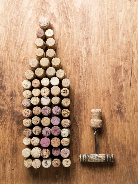 Corchos Vino Forma Botella Vino Fondo Madera — Foto de Stock