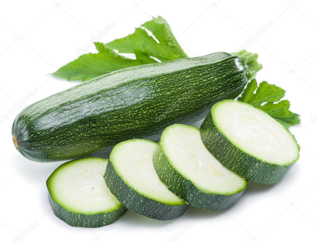 Zucchini with slices on a white background.