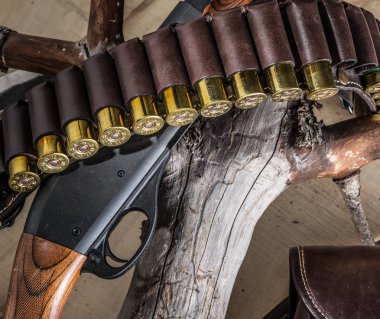 Av Ekipmanları - pompa eylem av tüfeği, 12 kalibre kartuş ve av bıçağı ahşap tablo.