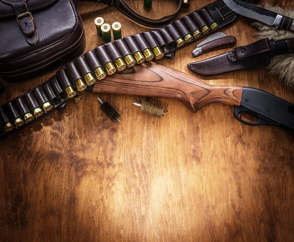 Hunting Equipment Pump Action Shotgun Guage Cartridge Hunting Knife — Stock Photo, Image