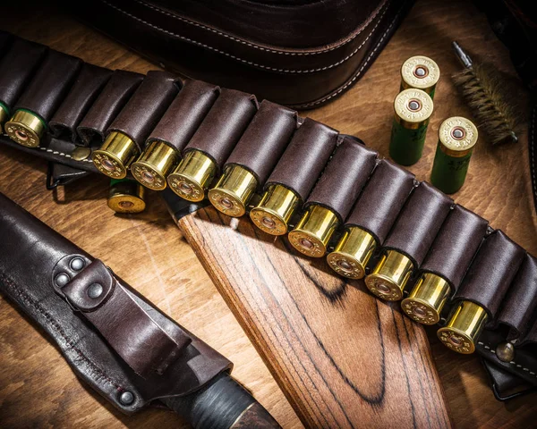 Hunting Equipment Pump Action Shotgun Guage Cartridge Hunting Knife Wooden — Stock Photo, Image