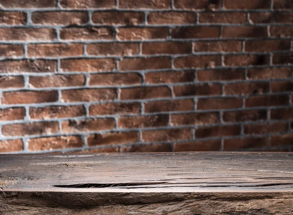 Old Wooden Empty Table Brick Wall Background — Stock Photo, Image