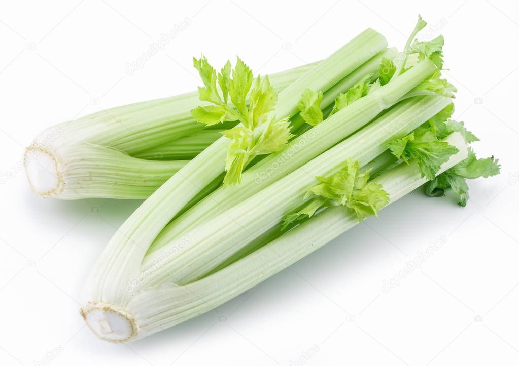 Fresh green leaf stalks of celery. Isolated on a white background.