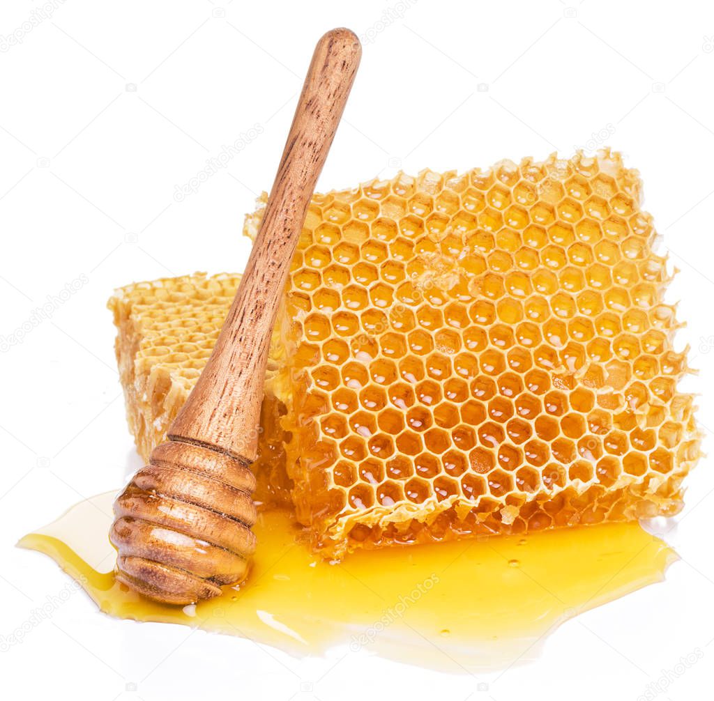 Honeycombs and wooden stick in the honey puddle isolated on white background.
