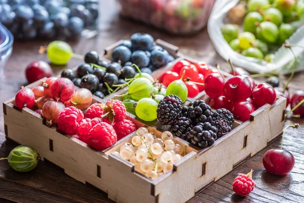 Colorful Berries Wooden Crate Table Some Berries Box — Stock Photo, Image