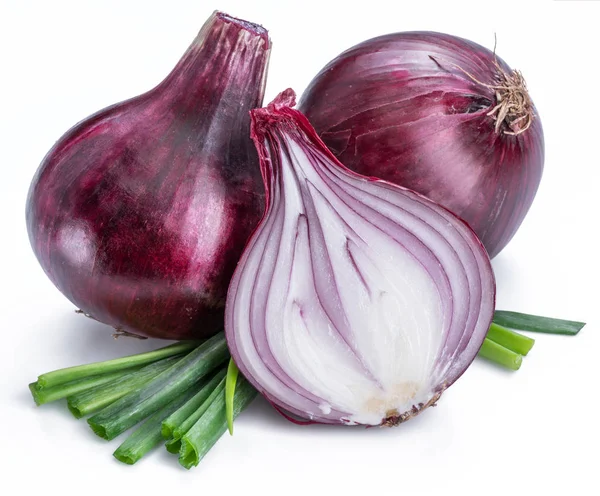 Red Onion Bulb Green Spring Onions White Background — Stock Photo, Image