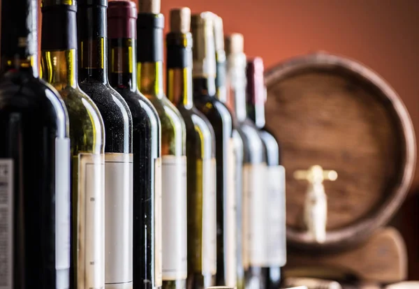 Wine Bottles Row Oak Wine Keg — Stock Photo, Image