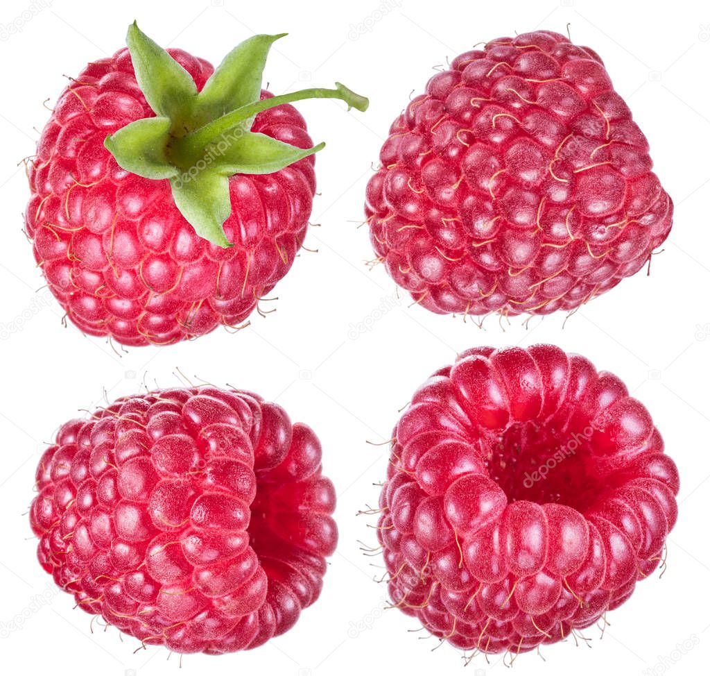 Set of four ripe raspberries isolated on white background. Organic food.