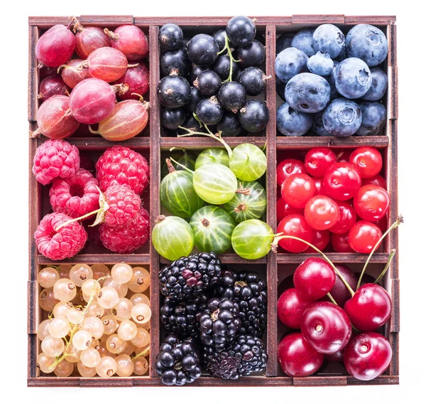 Colorful Berries Wooden Box White Background Top View — Stock Photo, Image