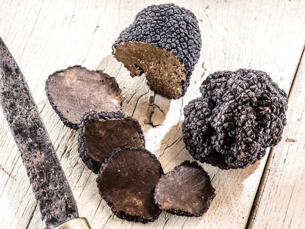 Black Truffles Old Wooden Table — Stock Photo, Image