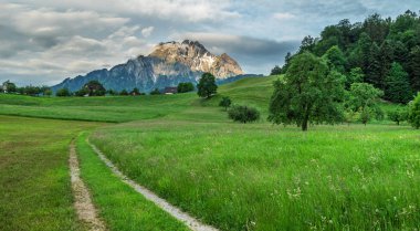 Village Horn, Mount Pilatus, Switzerland, May 13, 2018. Path in the green grass and Pilatus mountain at the backgroud. clipart