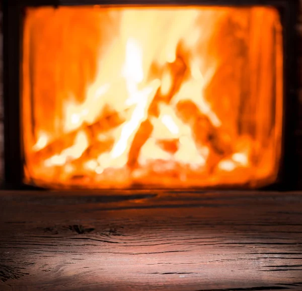 Wooden Table Top Burning Warm Fire Background — Stock Photo, Image