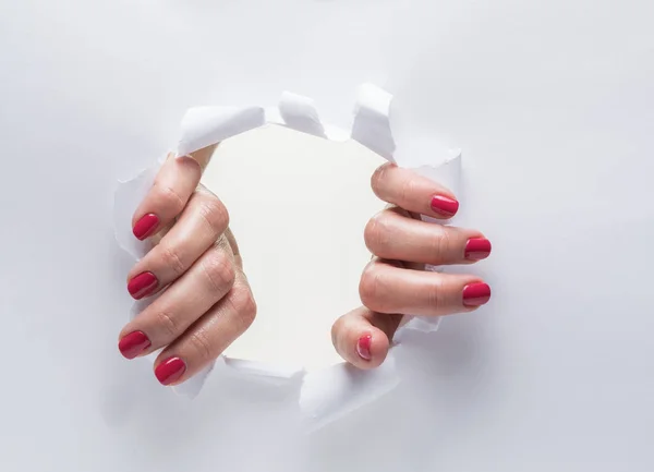 Woman Hands Tearing Hole Paper — Stock Photo, Image