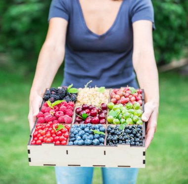 Ahşap kutu eller meyveleri ile. Üstten görünüm.
