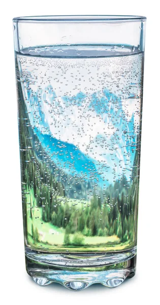 Glas Water Met Toppen Van Sneeuw Bergen Groene Bossen Binnen — Stockfoto