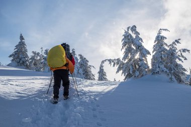 Hiking kış. Turistler karla kaplı dağlara hiking. Dağlarda güzel kış peyzaj.