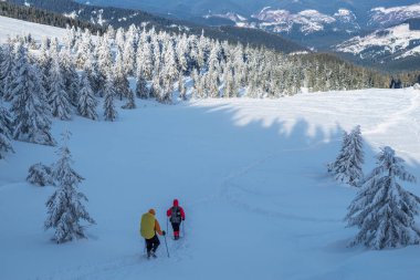 Hiking kış. Turistler karla kaplı dağlara hiking. Dağlarda güzel kış peyzaj.