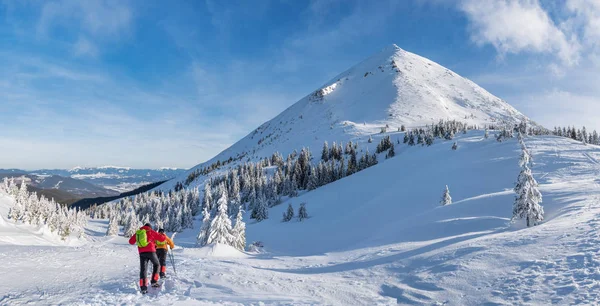 冬季远足 游客们在雪地覆盖的群山中远足 山中美丽的冬季景观 — 图库照片