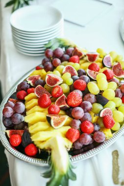 Farklı meyve ve hafif mezeler yiyecek ve içecek olaylar sırasında sağlanan. Yakın çekim.