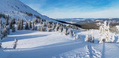 Güzel kış manzara dağlarda. Üstleri Dağları'nın eteklerinde, kar ve yeşil firs kaplı.