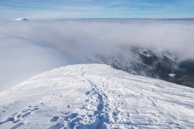 Beyaz ağır bulutların üstünde karla kaplı dağ başında.