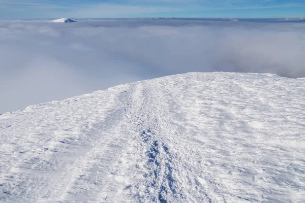 白の重い雲の上の雪で覆われた山の頂上 — ストック写真