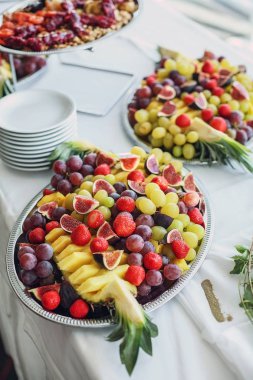 Farklı meyve ve hafif mezeler yiyecek ve içecek olaylar sırasında sağlanan. Yakın çekim.