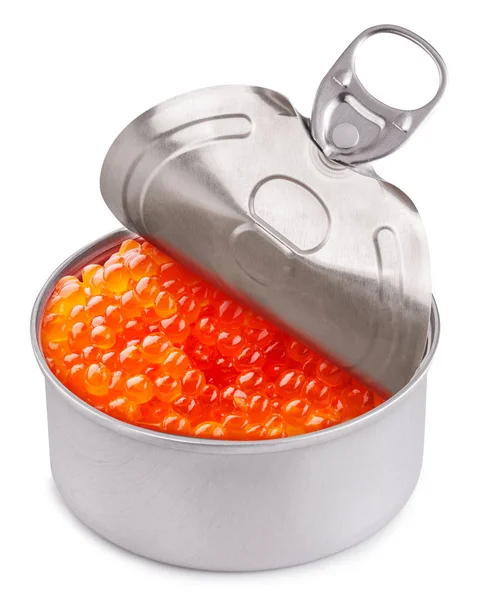 Open Tin Can Full Red Caviar White Background File Contains — Stock Photo, Image