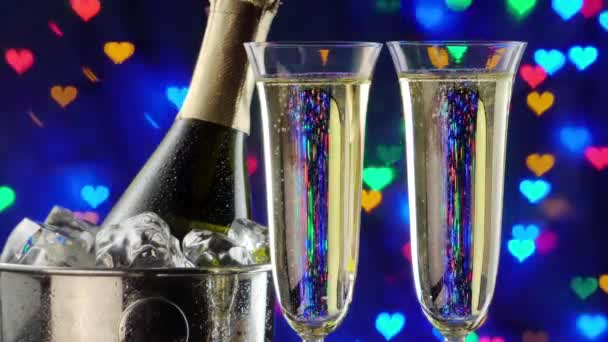 Still Life Bottle Champagne Glasses Flashing Lights Sparklers Christmas Holiday — Stock Video