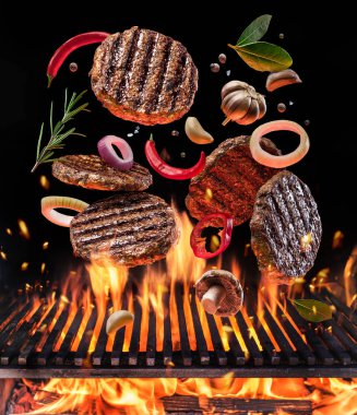 Sebzeli hamburger çentikli eti sığır eti ve baharat alevli Izgara Barbekü ateşte sinek. Gıda uçan kavramı.