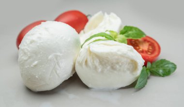 Geleneksel İtalyan mozzarella peyniri otlar ve gri arka plan üzerinde domates ile.